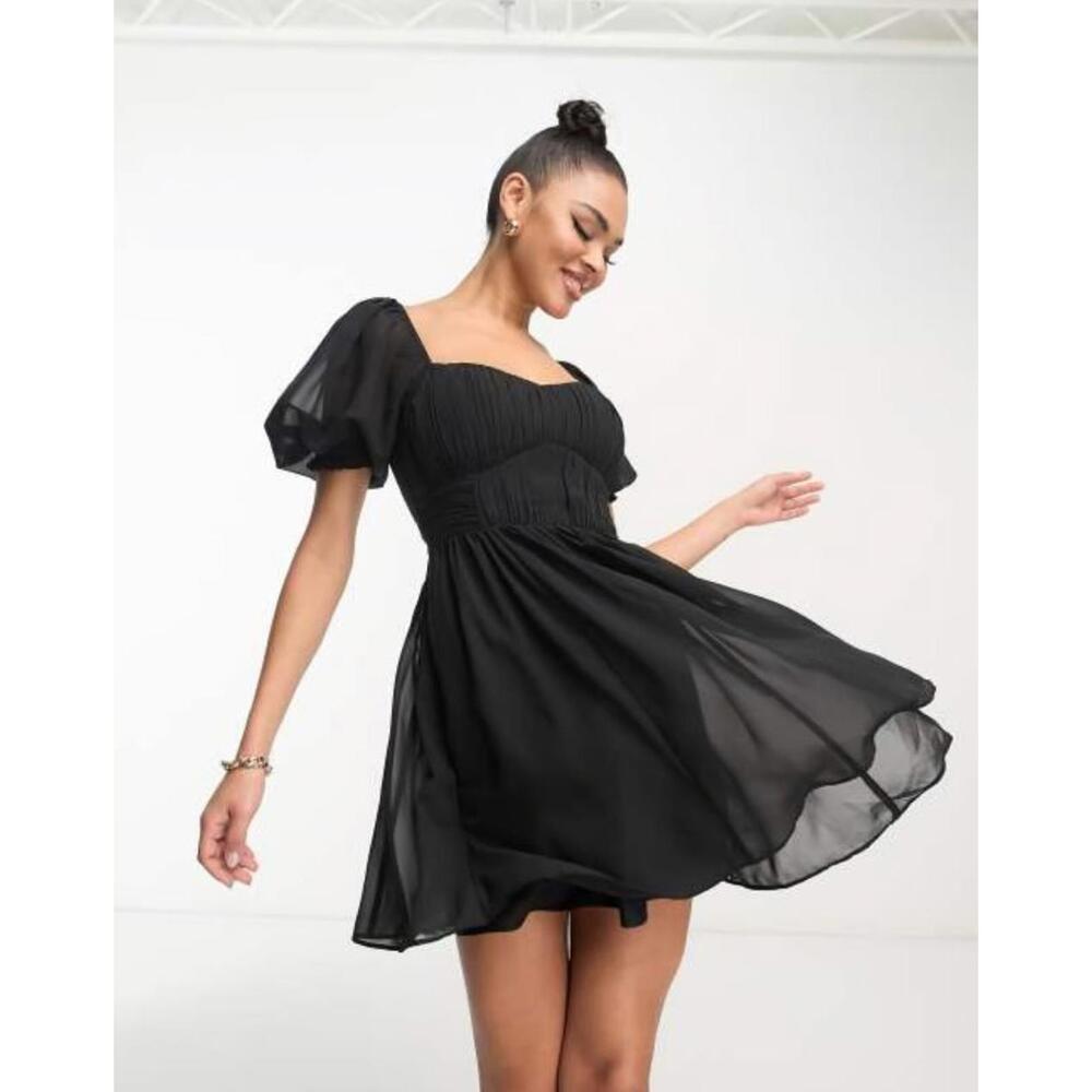 NWOT Abercrombie & Fitch Black Ruched Ruffle Puff Sleeve Mini Dress Size Medium - Picture 2 of 9